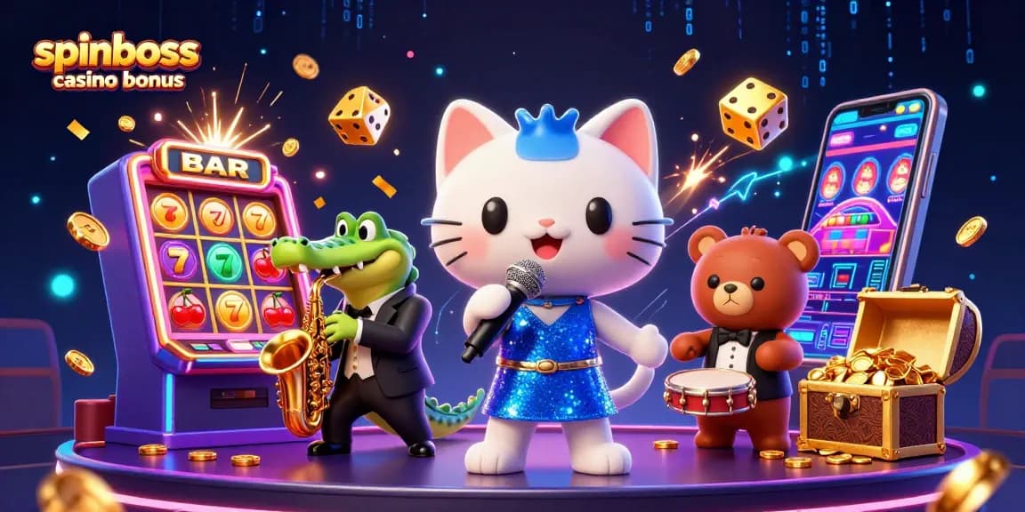 Jouez avec le bonus SpinBoss Casino, l'illustration ludique montre un chat chanteur sur scène entouré de machines à sous et de symboles de chance.