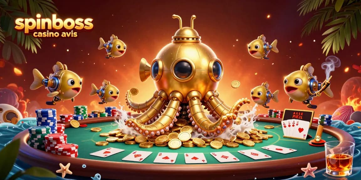 Évaluez SpinBoss casino avis : un kraken en or émerge des pièces dans une ambiance de poker.