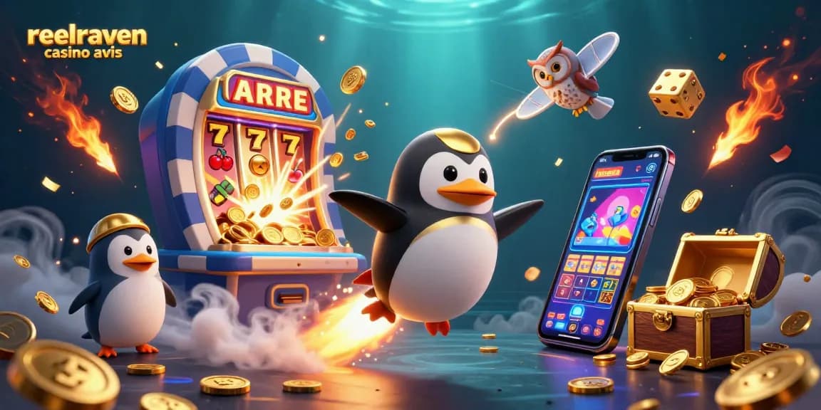 Reelraven casino avis : illustration dynamique d'un pingouin doré lancé dans l'espace avec des pièces d'or.