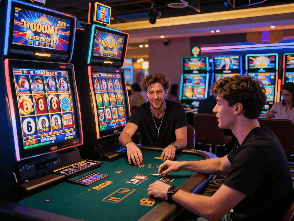 Casino en ligne : joueurs captivés par les machines à sous et le poker en direct dans une atmosphère immersive.