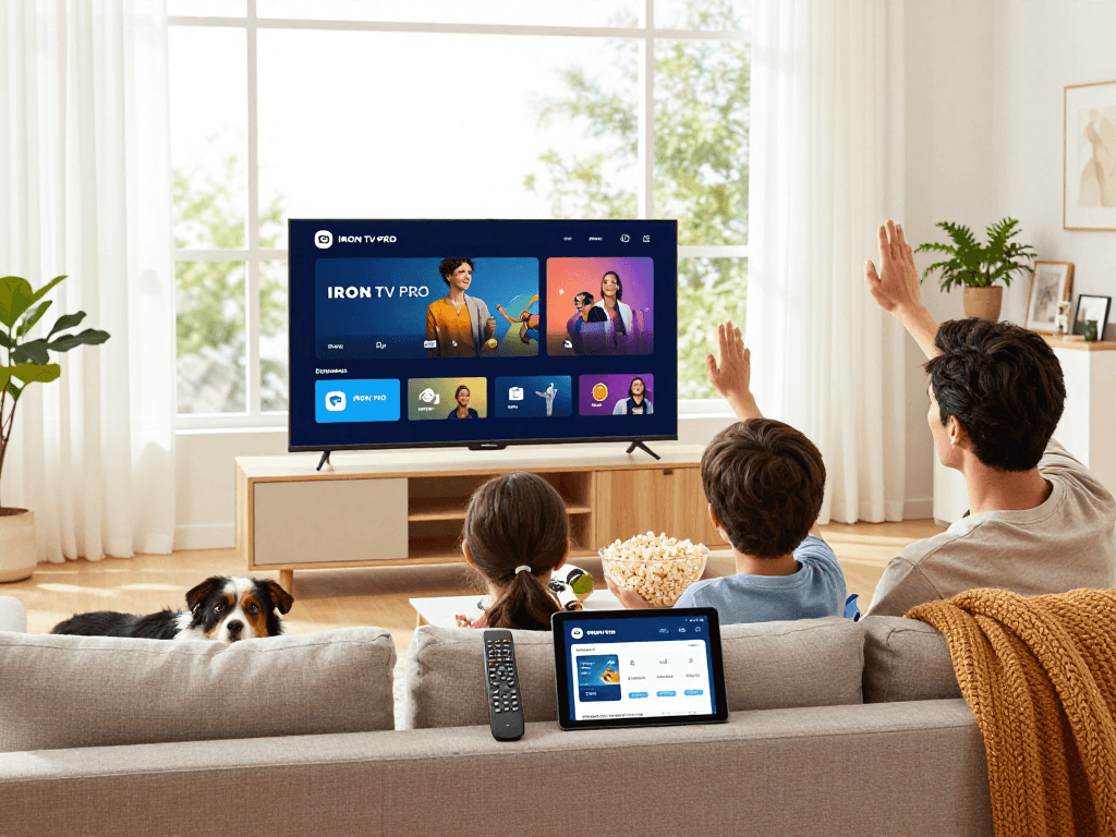 Famille regardant IRON TV PRO sur Smart TV avec ambiance chaleureuse.