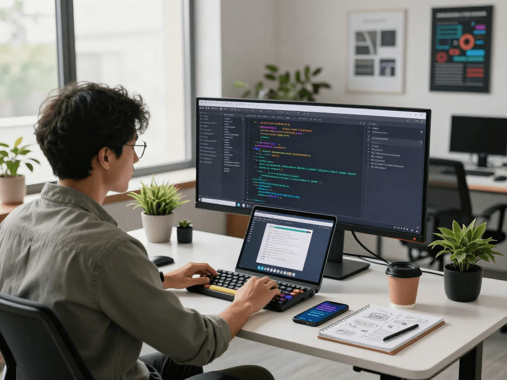 Développeur utilisant Atlas Pro dans un bureau moderne avec un environnement lumineux et inspirant.