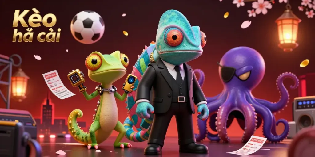 Kèo nhà cái showcases a colorful scene of a secret agent chameleon, tech-savvy gecko, and a villainous octopus amid dynamic sports betting elements.
