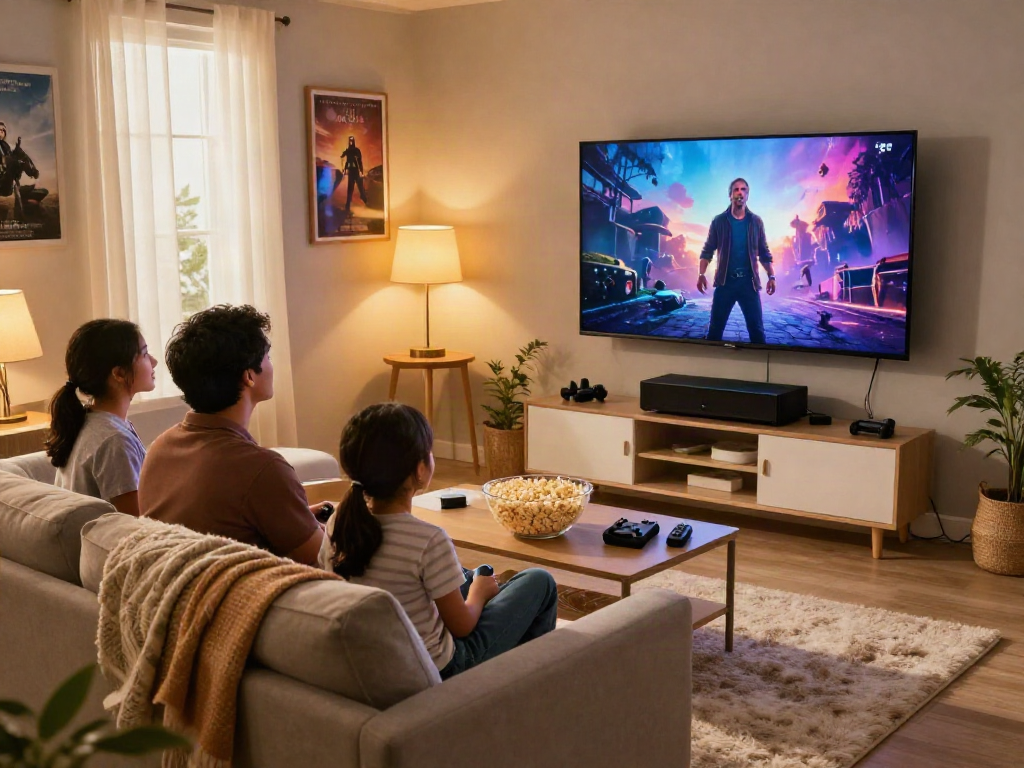Scène familiale avec Iron tv pro dans un salon confortable, montrant des parents et des enfants profitant d’un film ensemble.