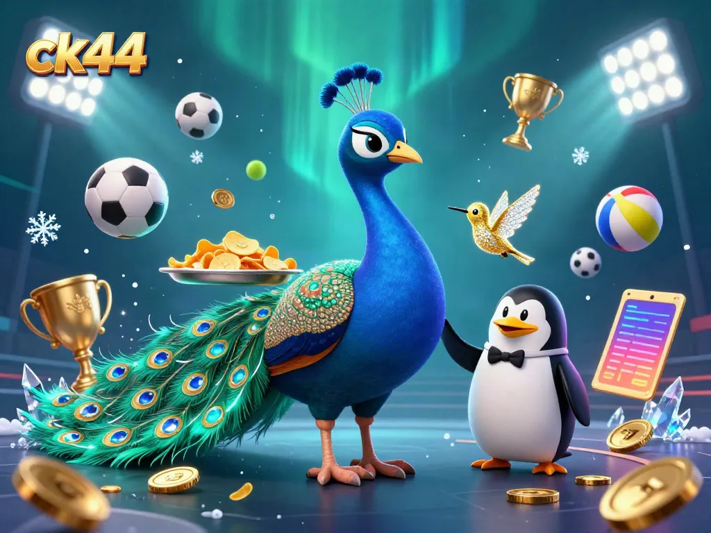 Experience the thrill with ck44, showcasing an aristocratic peacock and a butler penguin among dynamic sports elements.