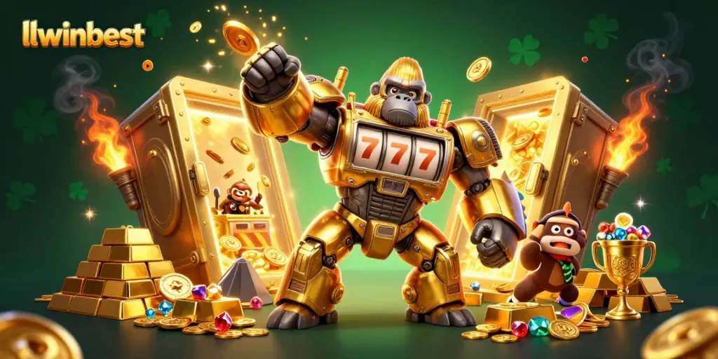 Winning big with the llwinbest gorilla mech amidst treasure and dynamic casino elements.