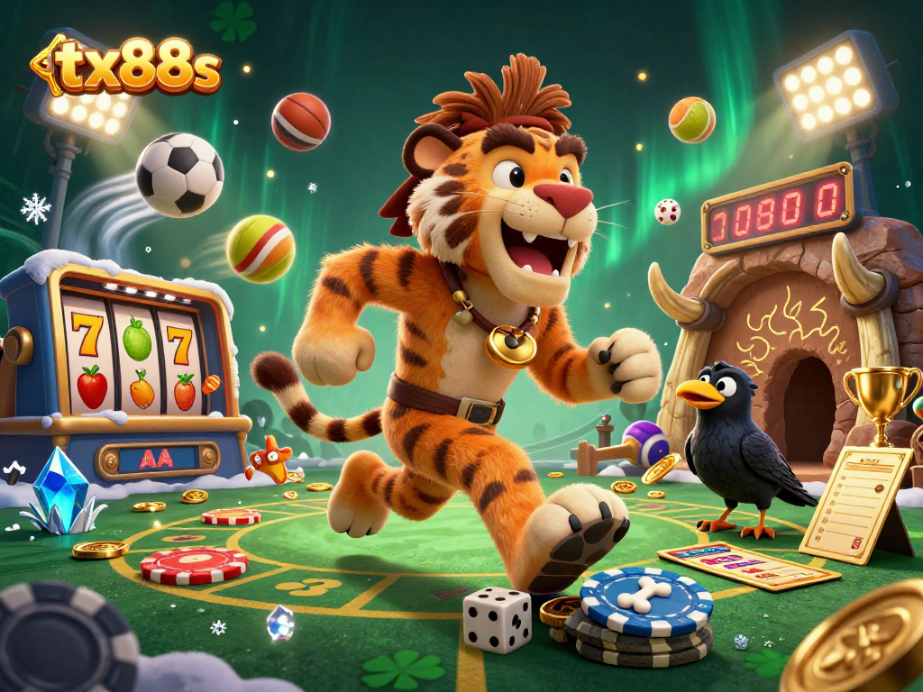 Experience the thrill of tx88s with a vibrant prehistoric casino scene filled with exciting gambling elements.
