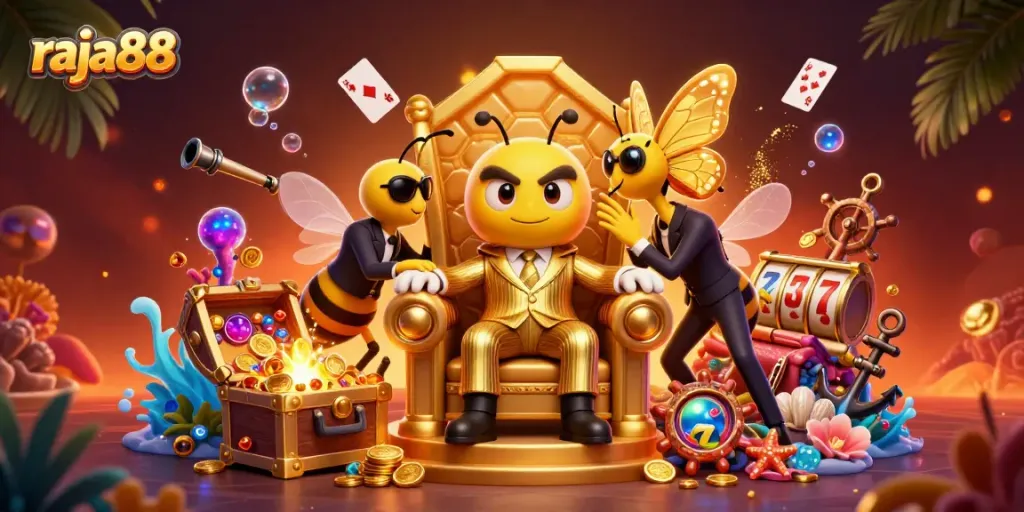 Experience thrilling action with the charismatic raja88 bumblebee mob boss amidst a vibrant fish shooting game scene.
