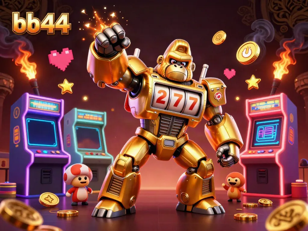 Experience thrilling wins with bb44's golden mech gorilla battling for casino jackpots in an electrifying arcade.