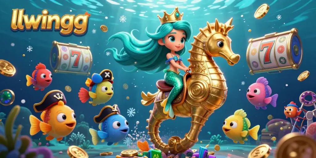 Experience llwingg's vibrant underwater casino, featuring a mermaid princess, a seahorse, and slot reels amidst colorful fish.