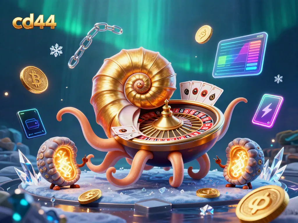 Engage with cd44 in a vibrant 3D casino world with glowing elements and a giant nautilus roulette.
