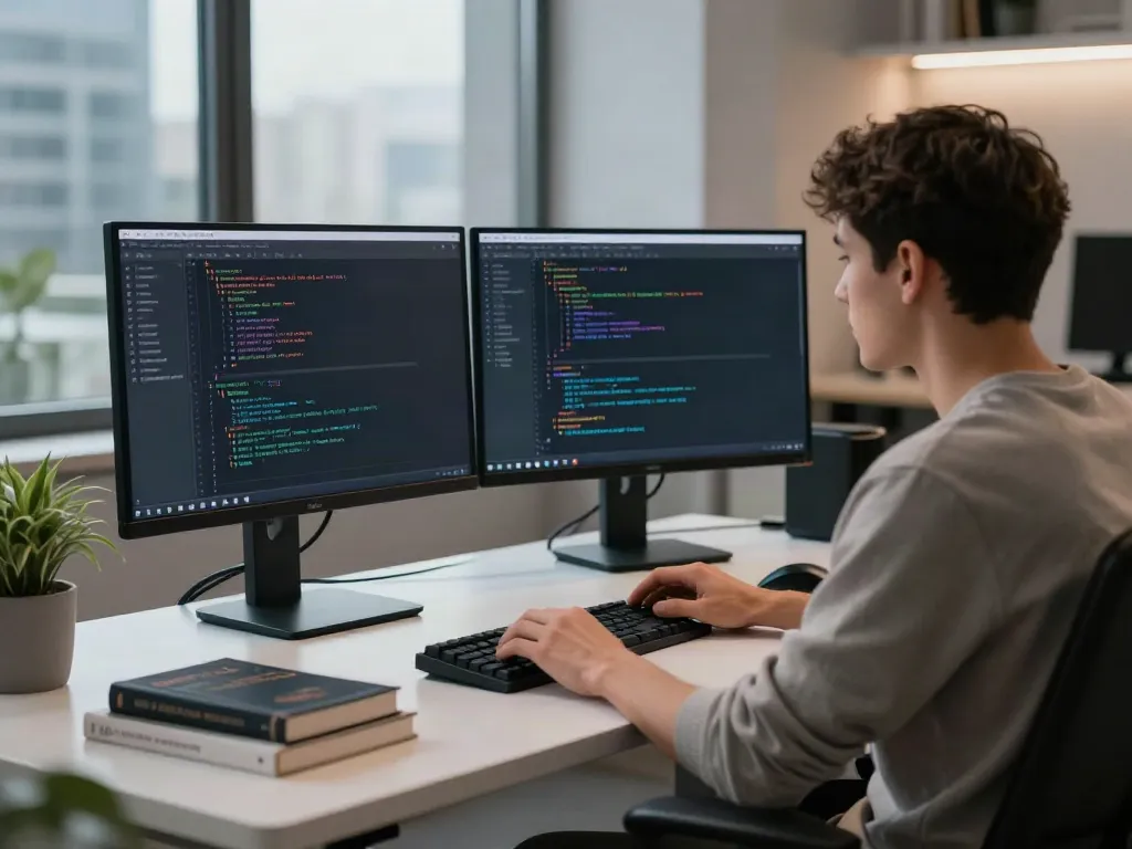 Developer showcasing uncensored AI chat at modern workspace with dual monitors.