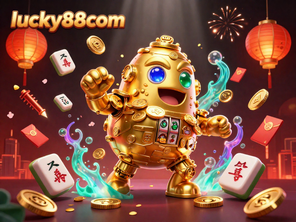 Experience exciting gameplay at lucky88com with vibrant illustrations of gold golems and slot reels.