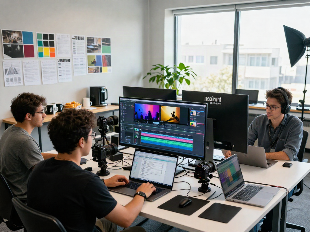 Creative team collaborating in video production studio featuring Iron tv pro