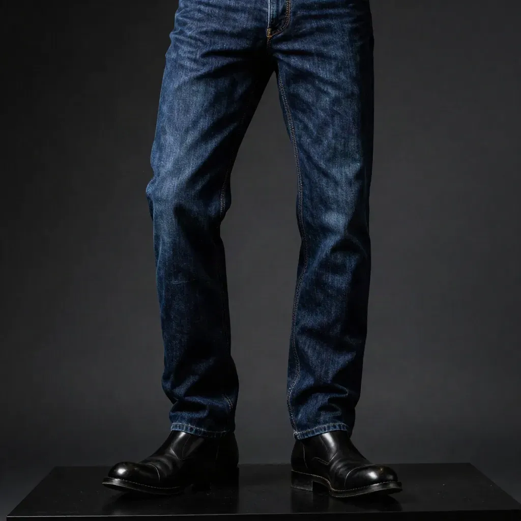 Jean droit brut, ceinture et boots sur plinthe noire, éclairage studio dramatique.