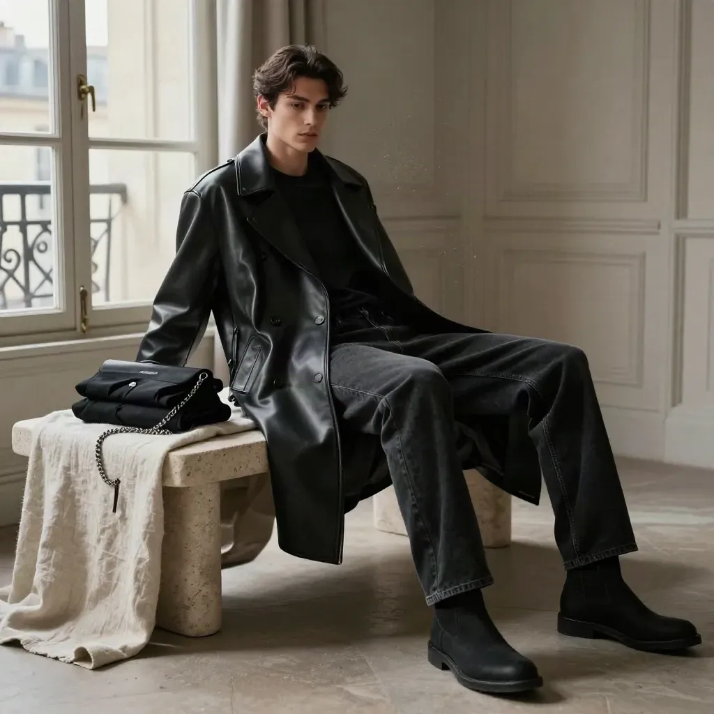 Pack noir sur banc clair, perfecto, tee, jean, boots et pochette sous lumière de fenêtre.