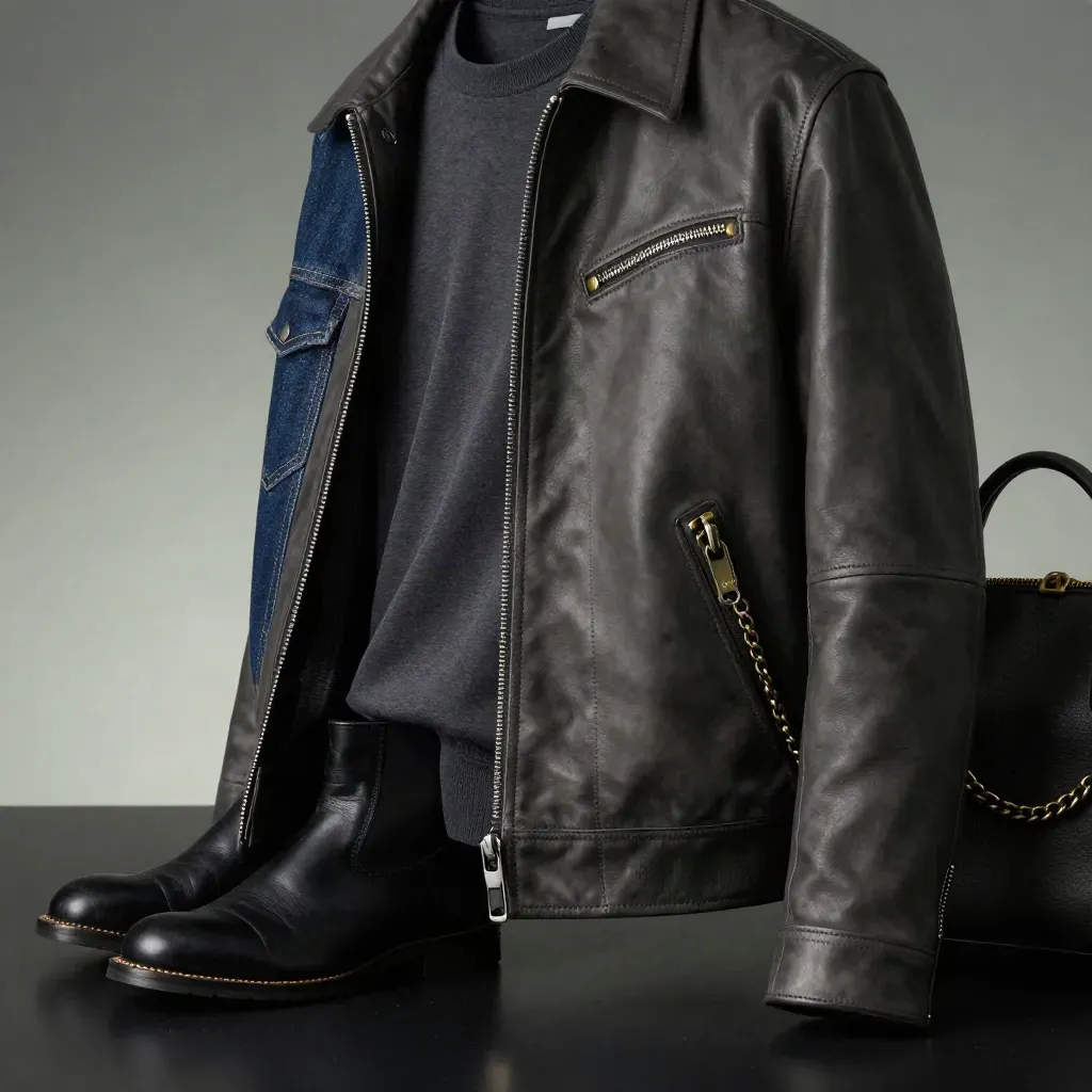 Veste en cuir vegan noire, tee, jean, boots et sac chaîne sur fond sombre humide.