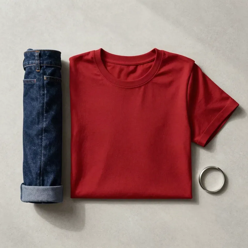 Tee brique plié avec jean roulé et bracelet métal sur béton clair.