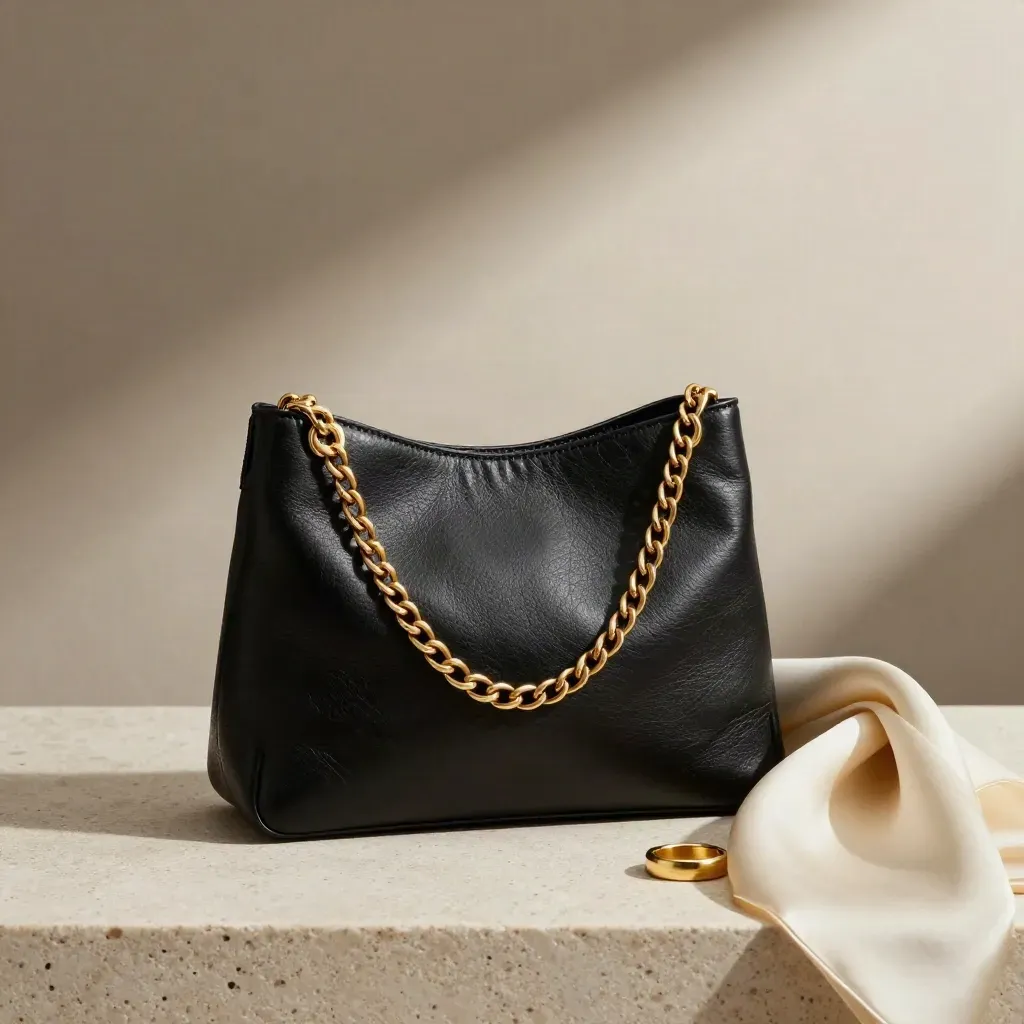 Sac noir à chaîne dorée antique, suspendu sur travertin avec écharpe crème.