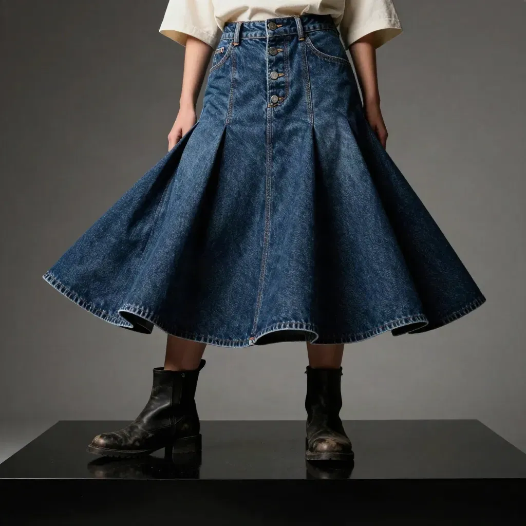 Jupe en denim brut à boutons métal, avec boots noires et tee roulé sur fond sombre.