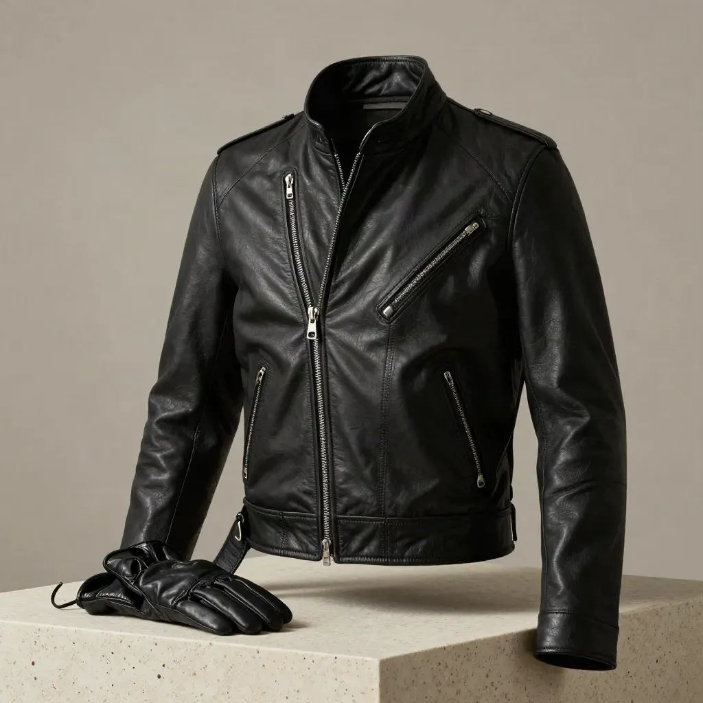 Gros plan de la veste biker noire Noa en cuir, avec gants et ceinture sur travertin clair.
