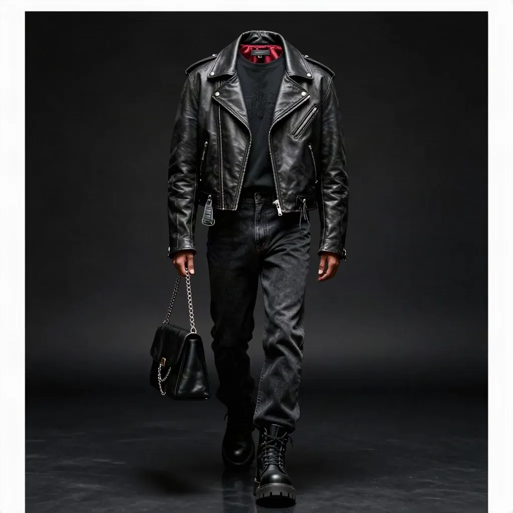 Tenue noire complète : veste, tee, jean, boots et sac chaîne sur fond sombre dramatique.