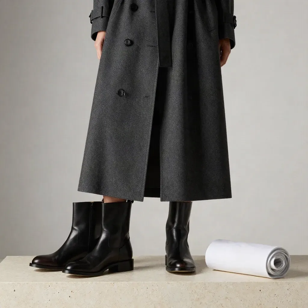 Trench charbon long sur travertin, avec boots et tee roulé, en lumière studio douce.