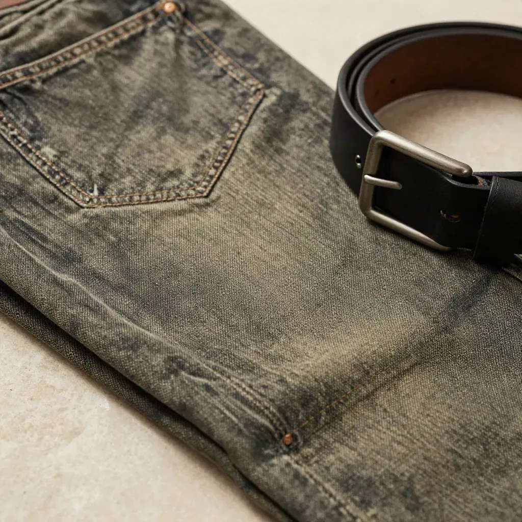 Macro du jean Atlas en denim brut avec couture nette, ourlet et ceinture en cuir sur pierre claire.