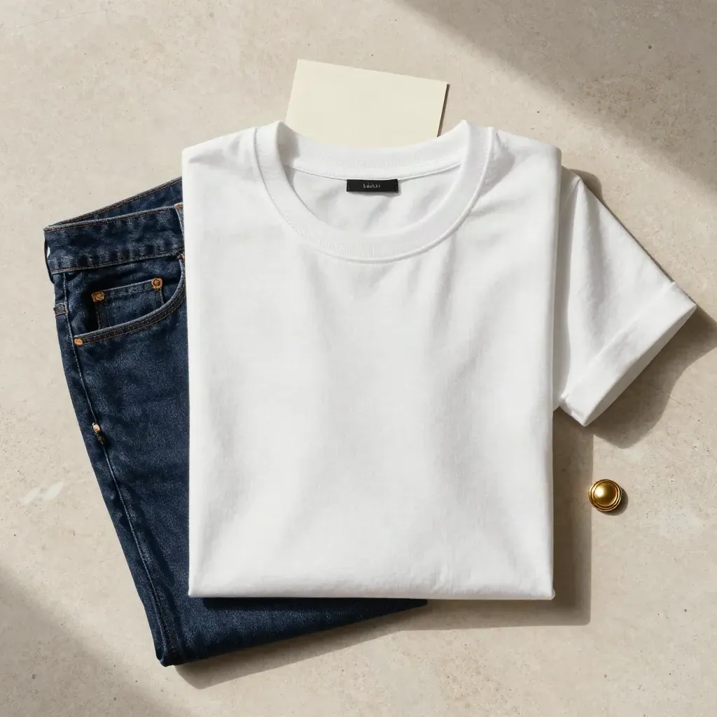 Flatlay d’un tee en coton épais, avec jean et bijou sur pierre claire.