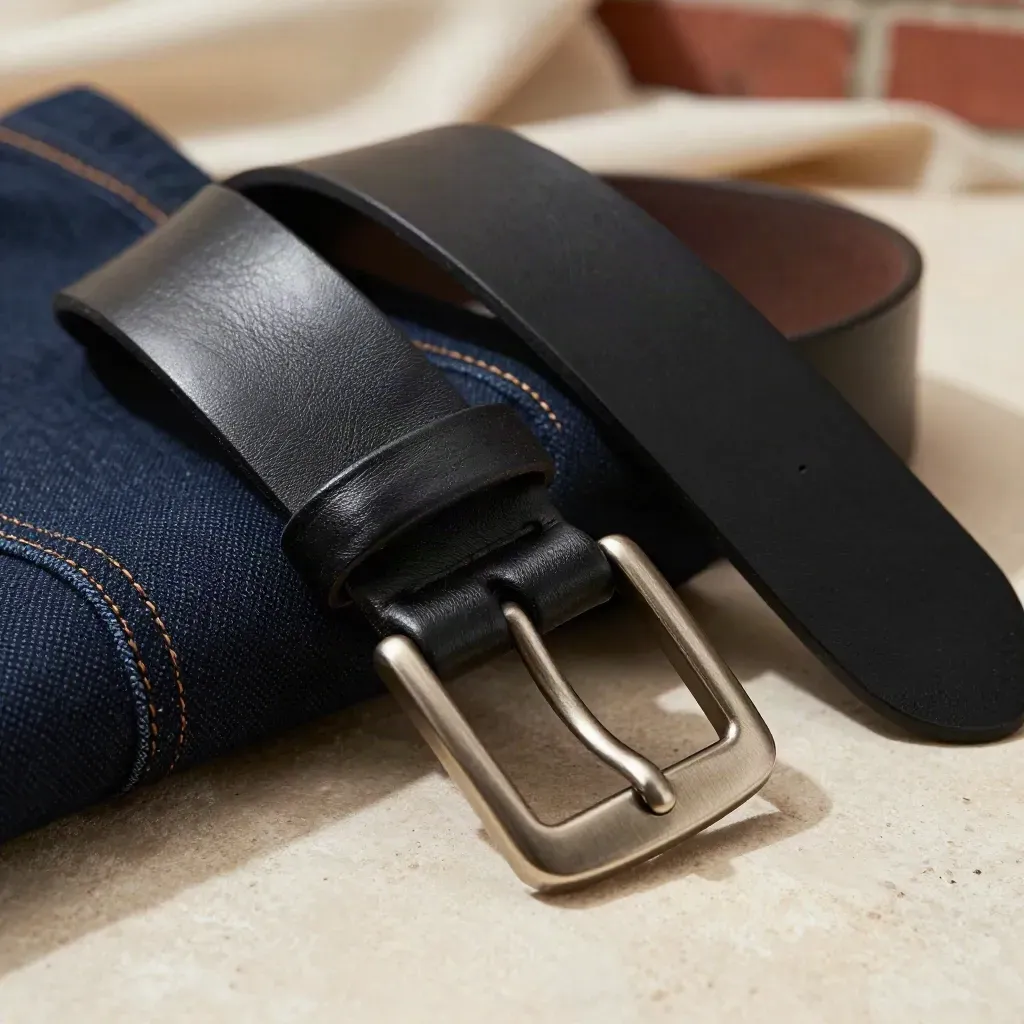 Ceinture en cuir noir avec boucle métal brossé, sur jean sombre et tee plié.