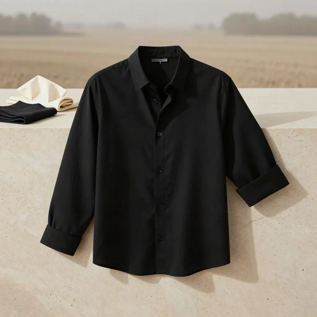 Chemise noire en coton souple sur socle clair, avec détails métalliques et tissu crème.
