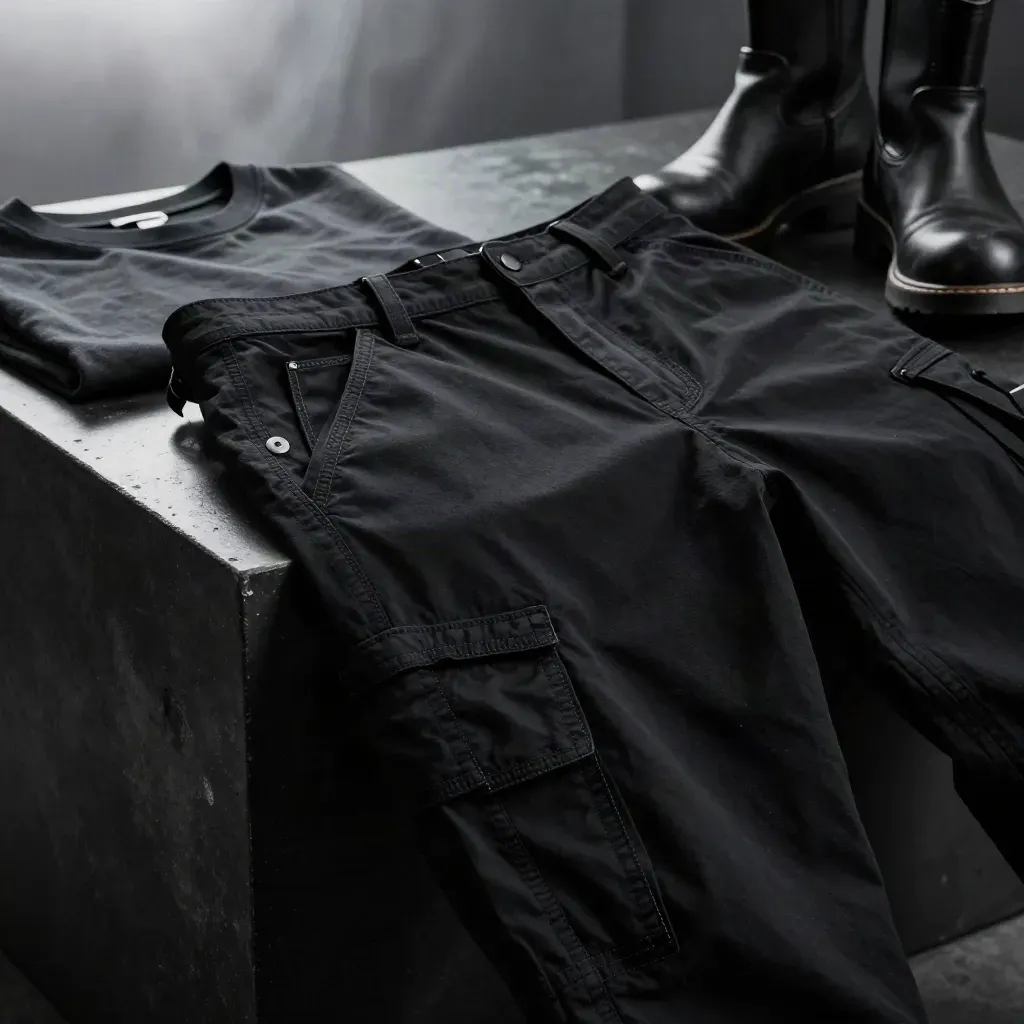 Pantalon cargo noir, tee, boots et ceinture sur socle sombre, vu en contre-plongée.