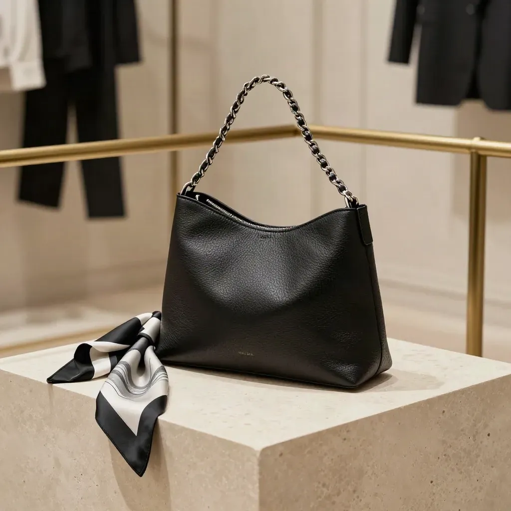 Sac Mina Chaîne noir en cuir grainé avec foulard plié sur travertin, lumière douce.