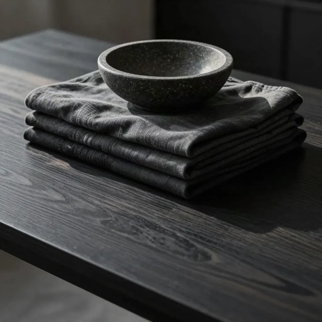 Table en bois noirci avec tee-shirts pliés et bol de pierre mate en haut du cadre.