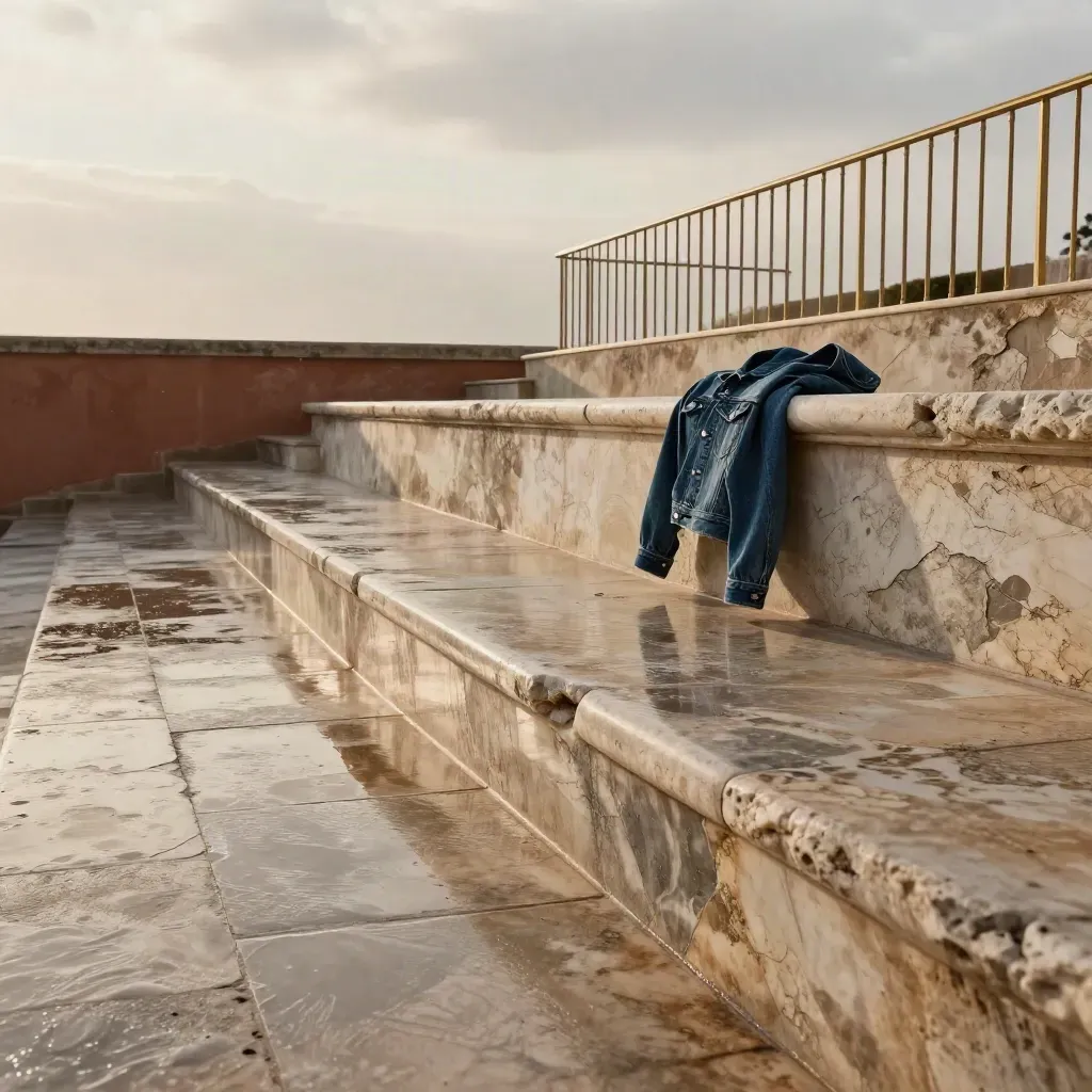Terrasse de pierre calcaire après la pluie, cour pâle et ciel brumeux, ambiance calme et chic.