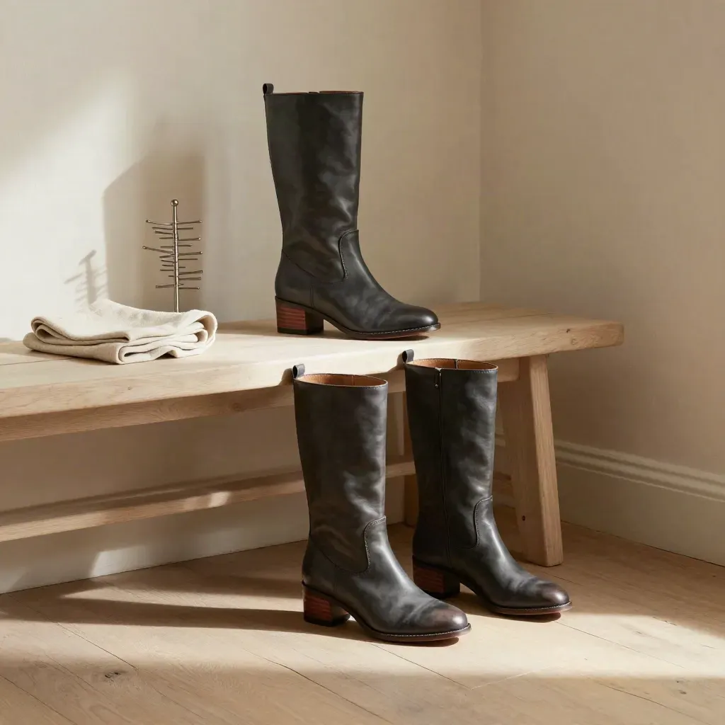 Deux boots en cuir sur un banc en bois, lumière dorée et mur en plâtre, ambiance atelier.
