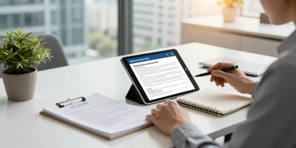 Property owner utilizing the calculateur de revision de loyer in a modern office environment.