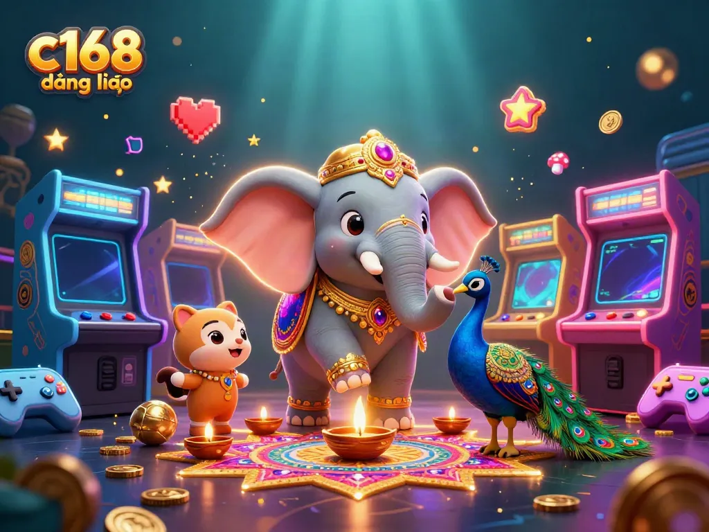 Engage with c168 đăng nhập in a vibrant 3D casino-themed illustration featuring an elephant and peacock.