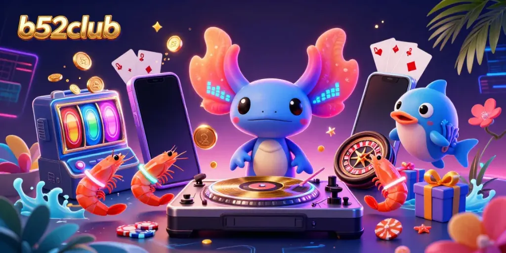 Experience the thrill of b52club with a vibrant casino scene featuring an axolotl DJ and playful sea creatures.