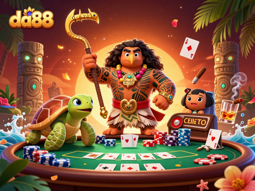 Play poker alongside da88's 3D Polynesian demigod in a vibrant casino scene.