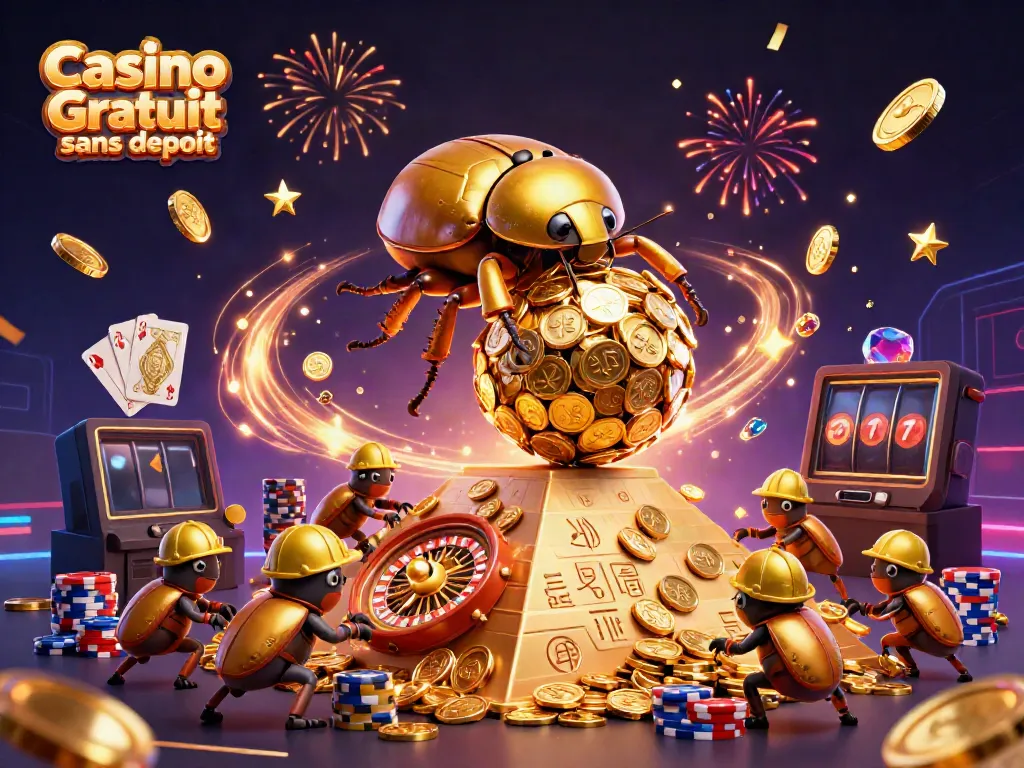 Illustration dynamique d'un Casino Gratuit sans depot avec des scorpions d'or et des pièces brillantes.